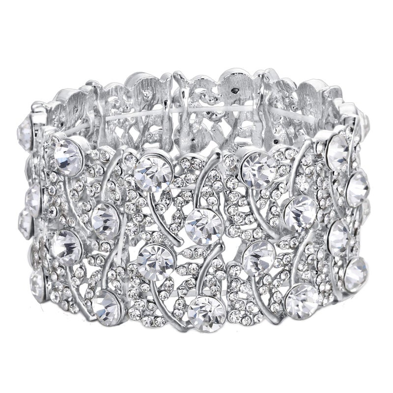 BriLove Women's Wedding Bridal Crystal Cluster Tennis Stretch Bracelet Clear Silver-Tone - Image 1